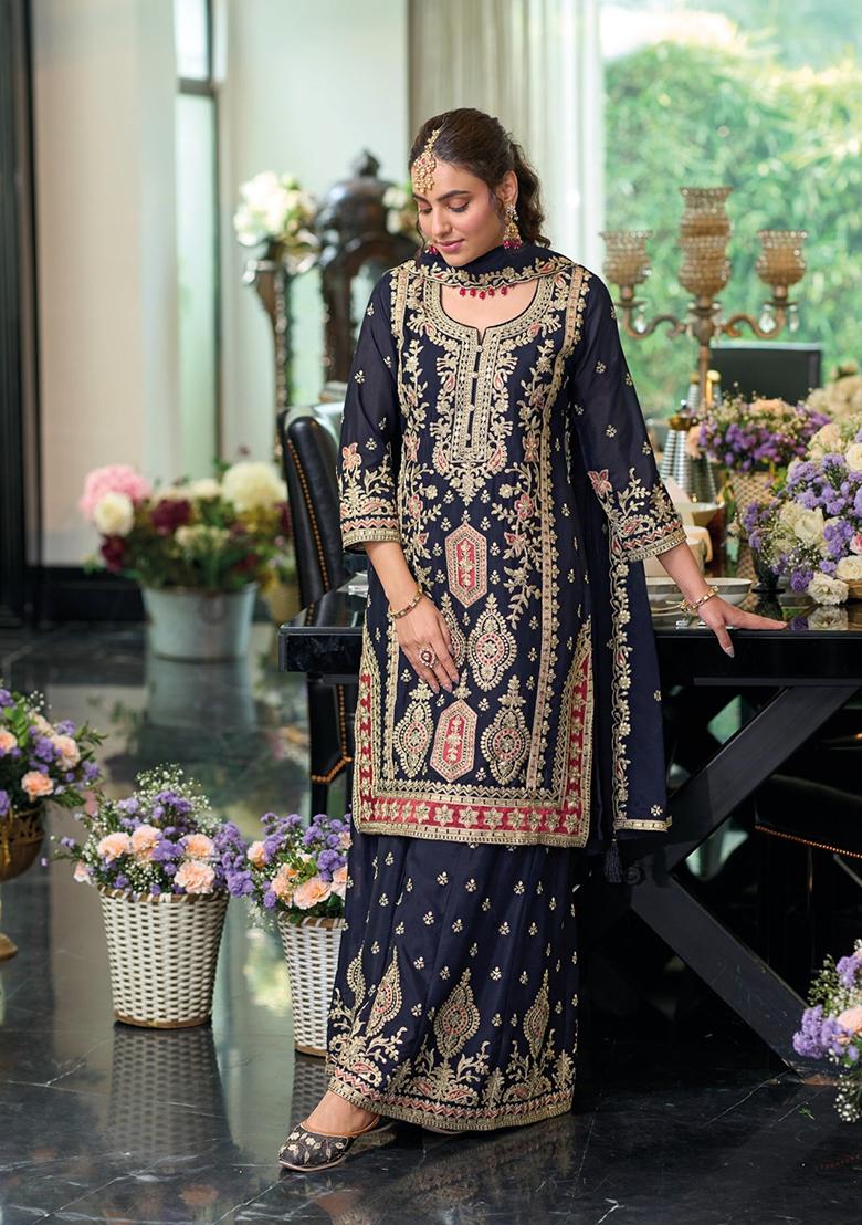 Navy_Blue Embroidered Silk Salwar Kameez