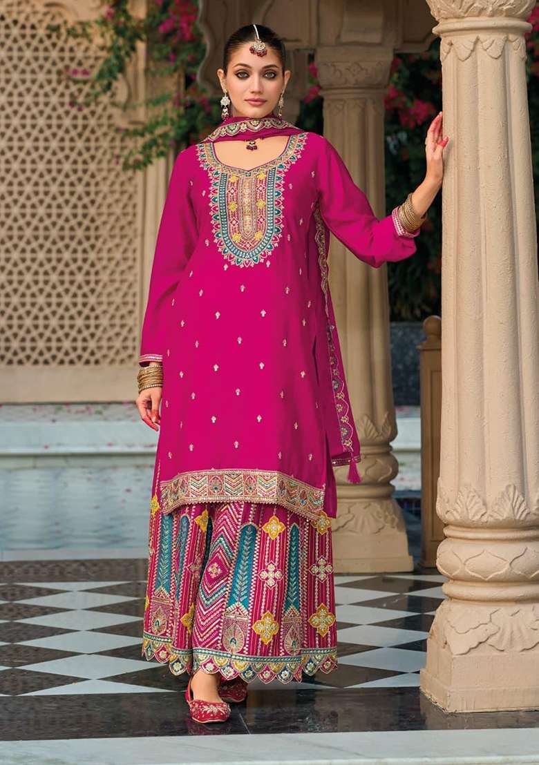 Dark Pink Embroidered Silk Blend Sharara Set - Indya