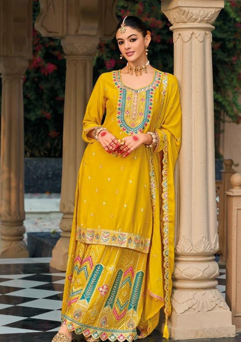 Yellow Embroidered Silk Salwar Kameez