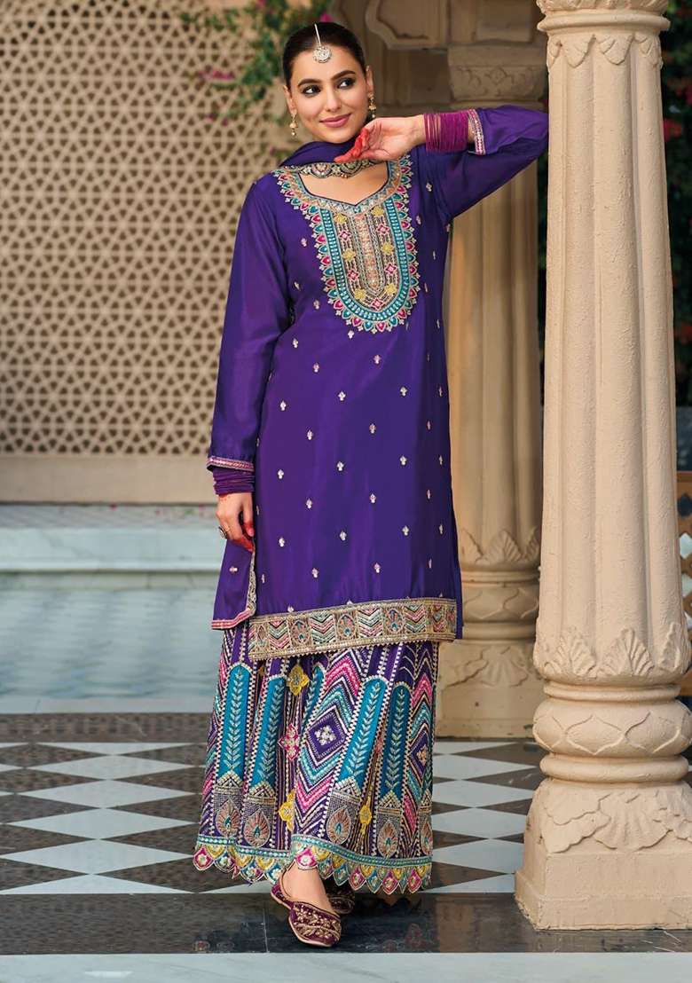 Purple Embroidered Silk Blend Salwar Kameez - Indya