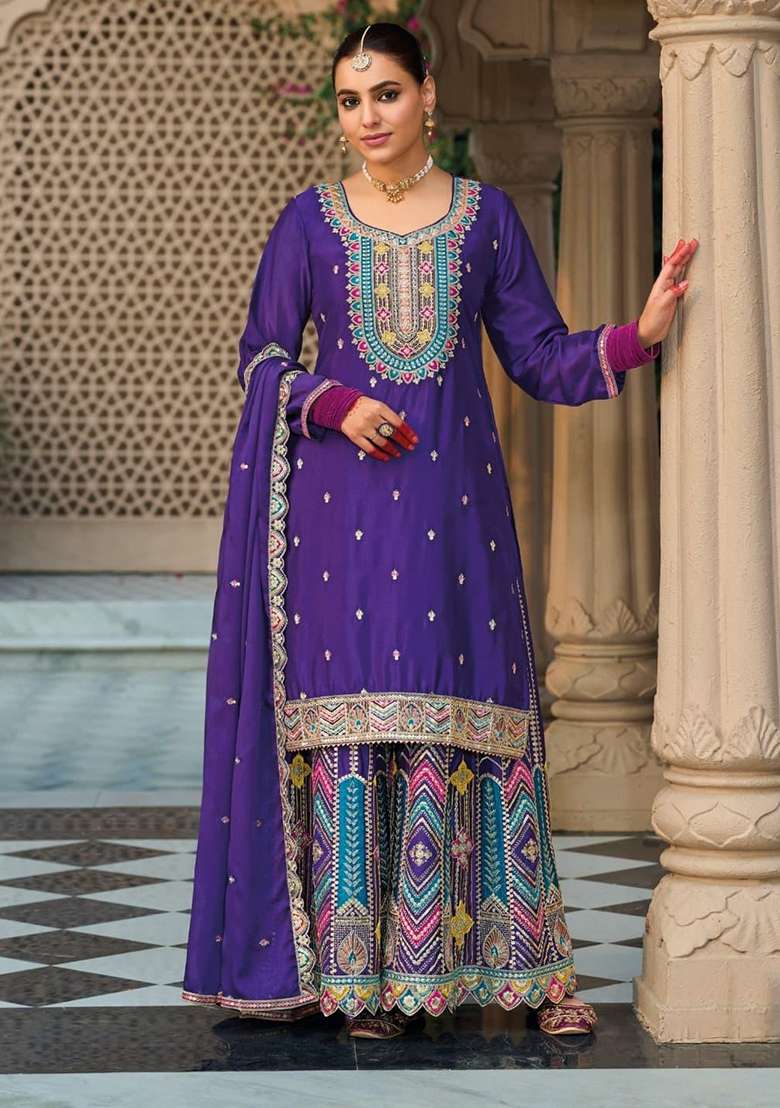Purple Embroidered Silk Blend Salwar Kameez - Indya