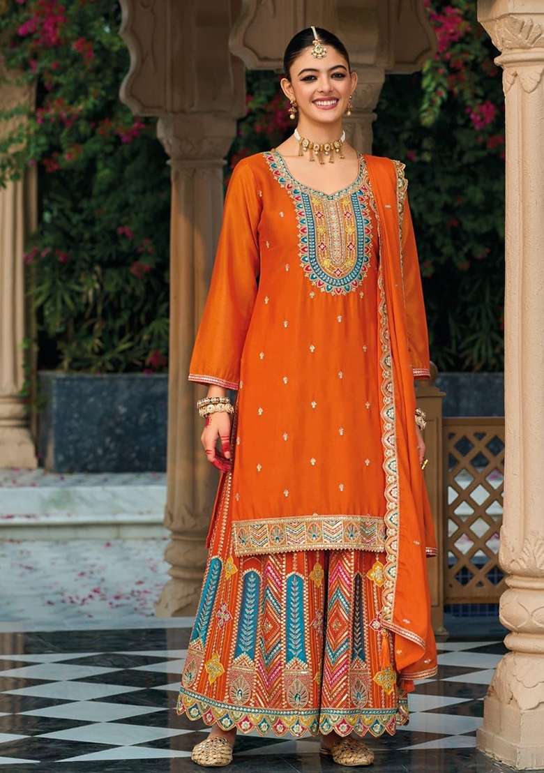 Orange Embroidered Silk Blend Sharara Set - Indya