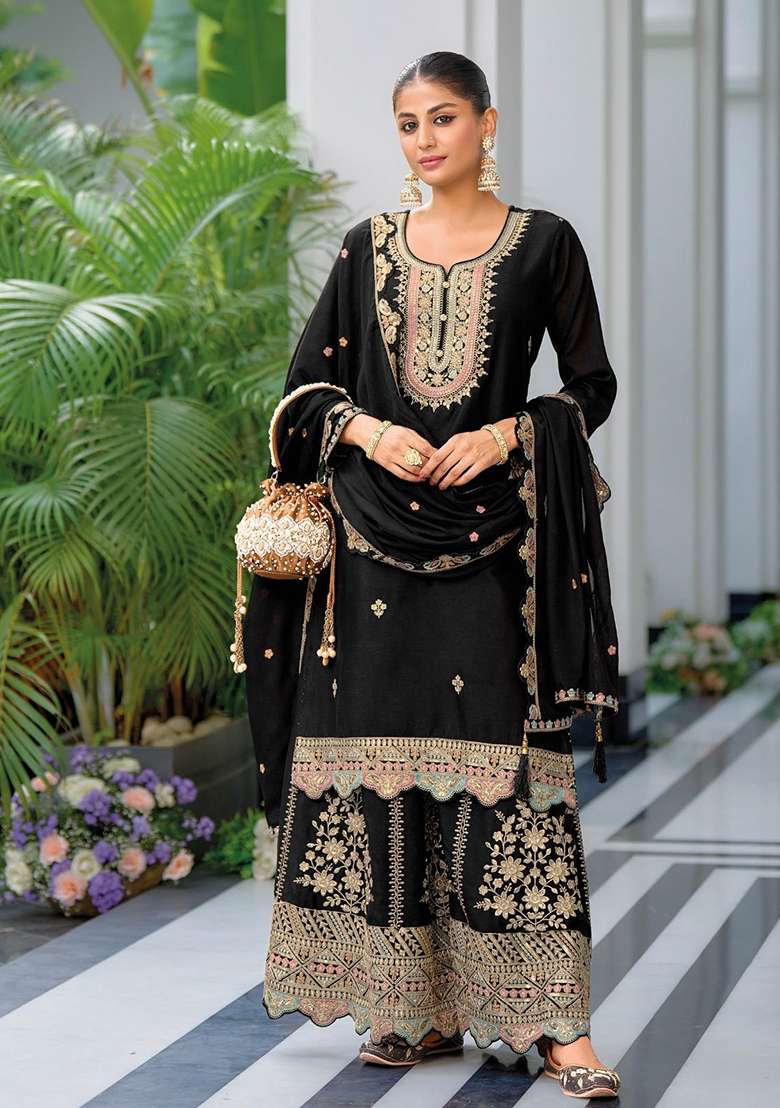 Black Embroidered Silk Salwar Kameez - Indya