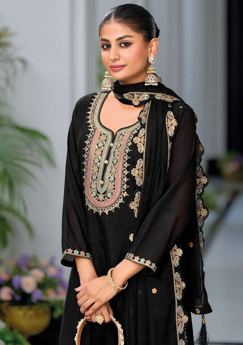 Black Embroidered Silk Salwar Kameez - Indya