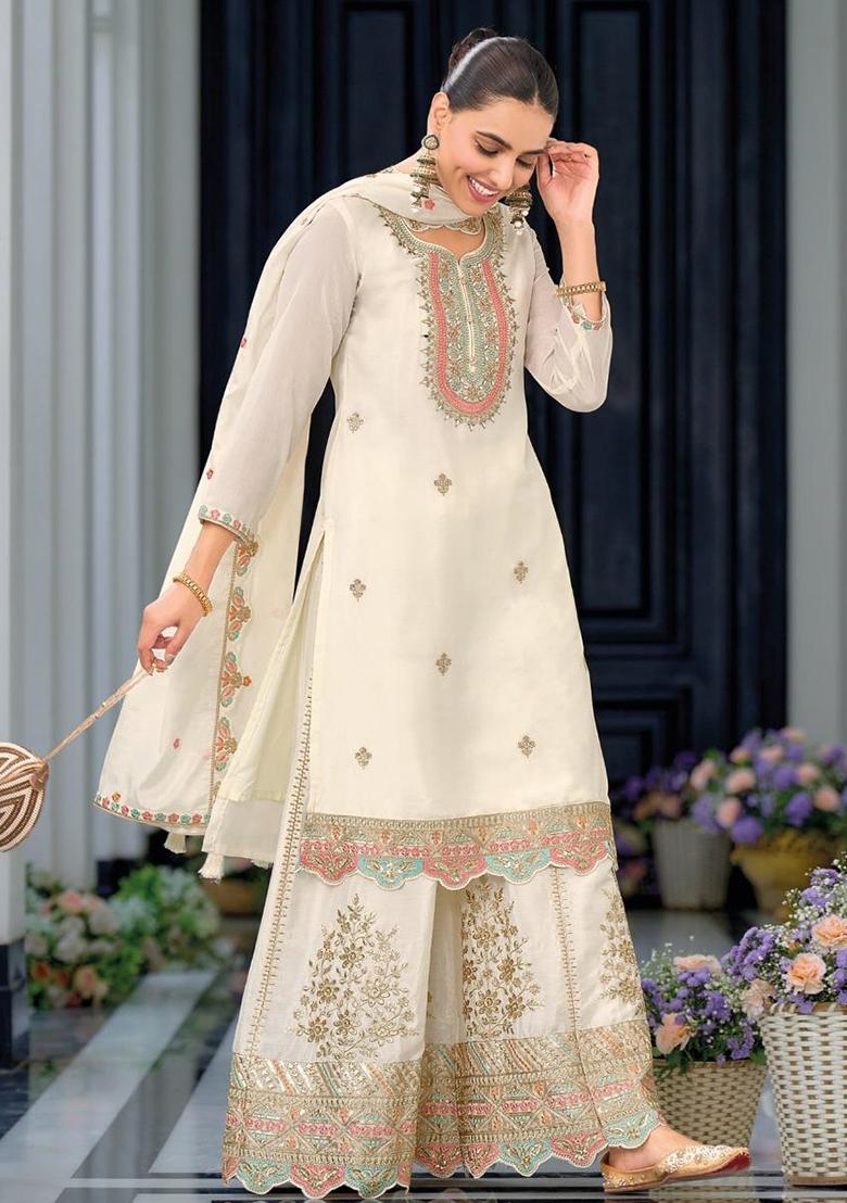 White Embroidered Silk Salwar Kameez