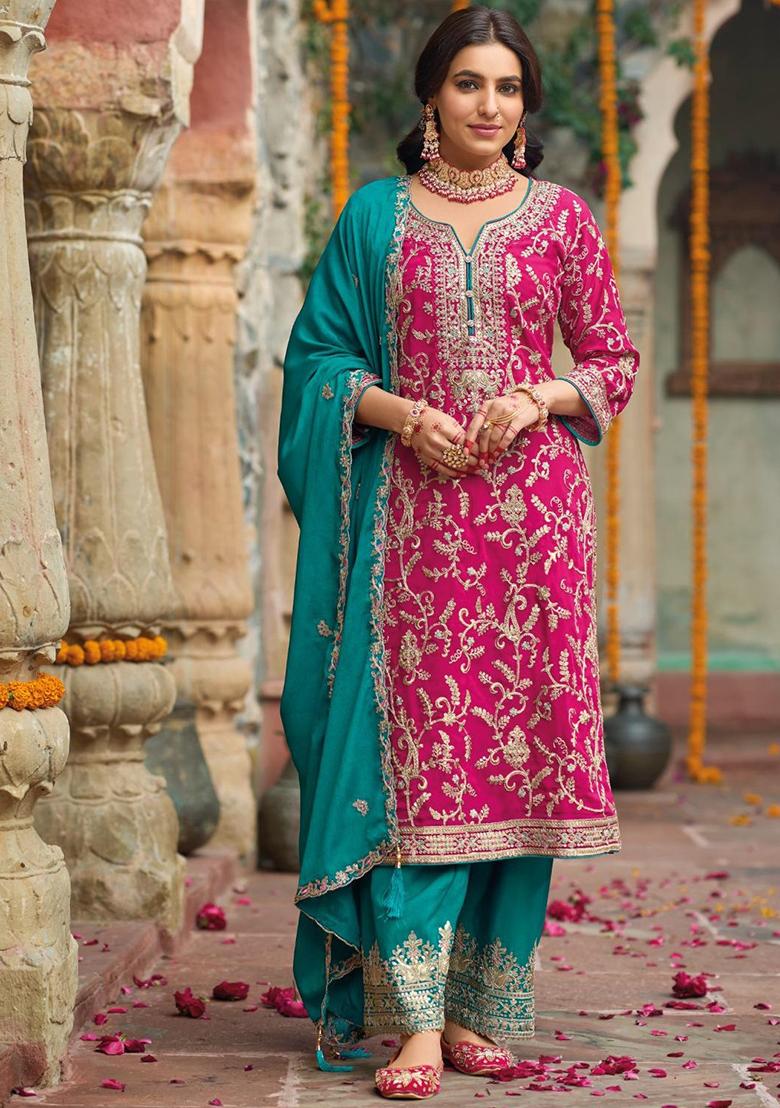 Dark Pink Embroidered Silk Salwar Kameez