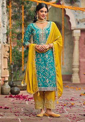 Turquoise Blue Embroidered Silk Salwar Kameez