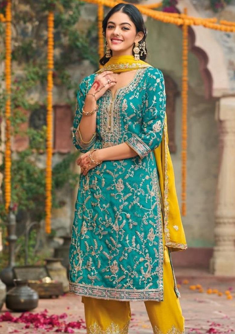 Turquoise Blue Embroidered Silk Salwar Kameez