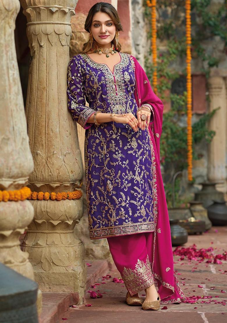 Purple Embroidered Silk Salwar Kameez