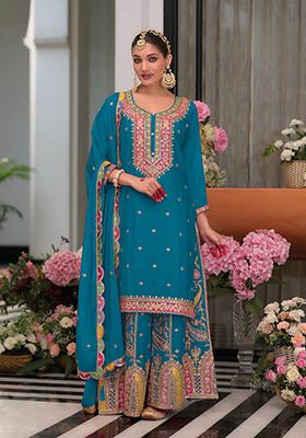 Turquoise Blue Embroidered Silk Salwar Kameez