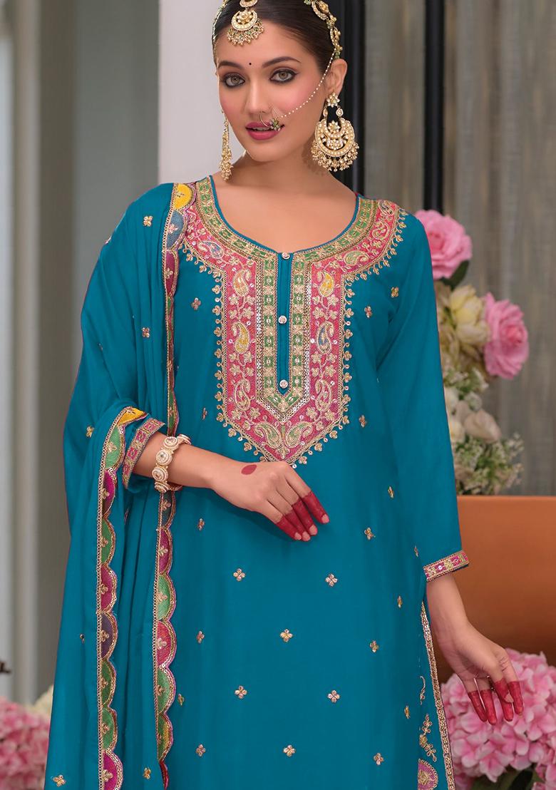 Turquoise Blue Embroidered Silk Salwar Kameez