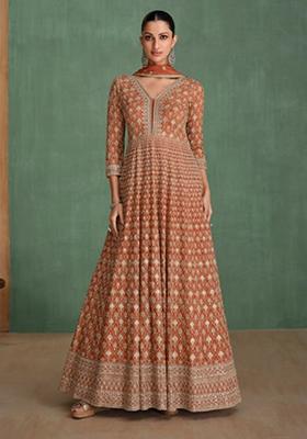Orange Embroidered Georgette Anarkali set