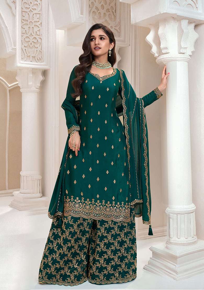 Dark Green Embroidered Silk Salwar Kameez - Indya