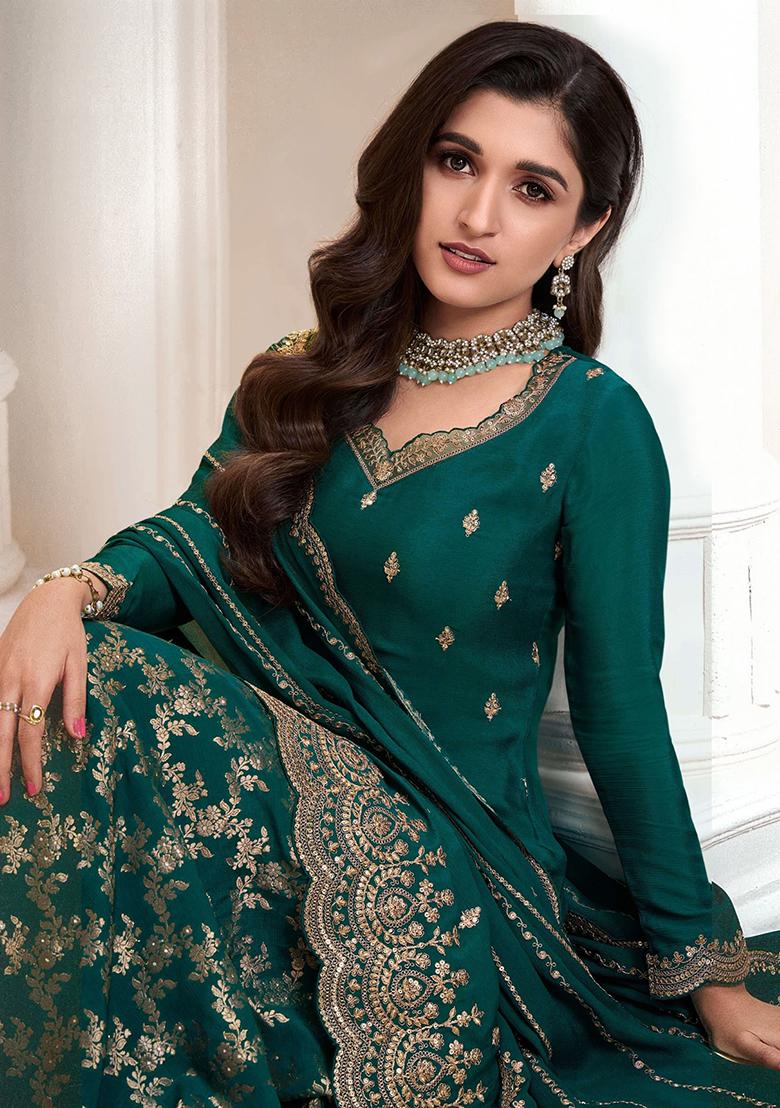 Dark Green Embroidered Silk Salwar Kameez