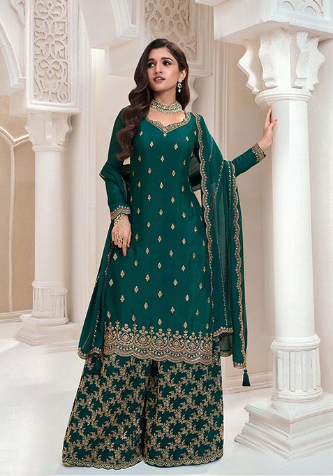 Dark Green Embroidered Silk Salwar Kameez