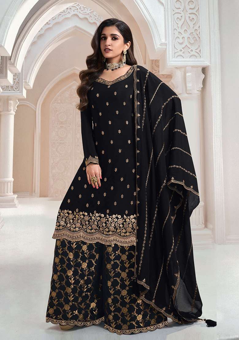 Black Embroidered Silk Salwar Kameez - Indya