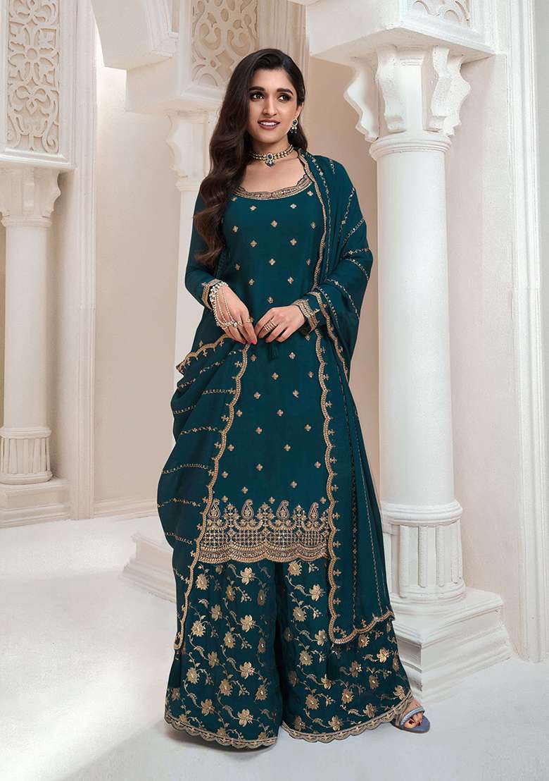 Navy Blue Embroidered Silk Salwar Kameez - Indya