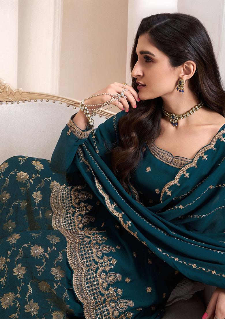 Navy Blue Embroidered Silk Salwar Kameez