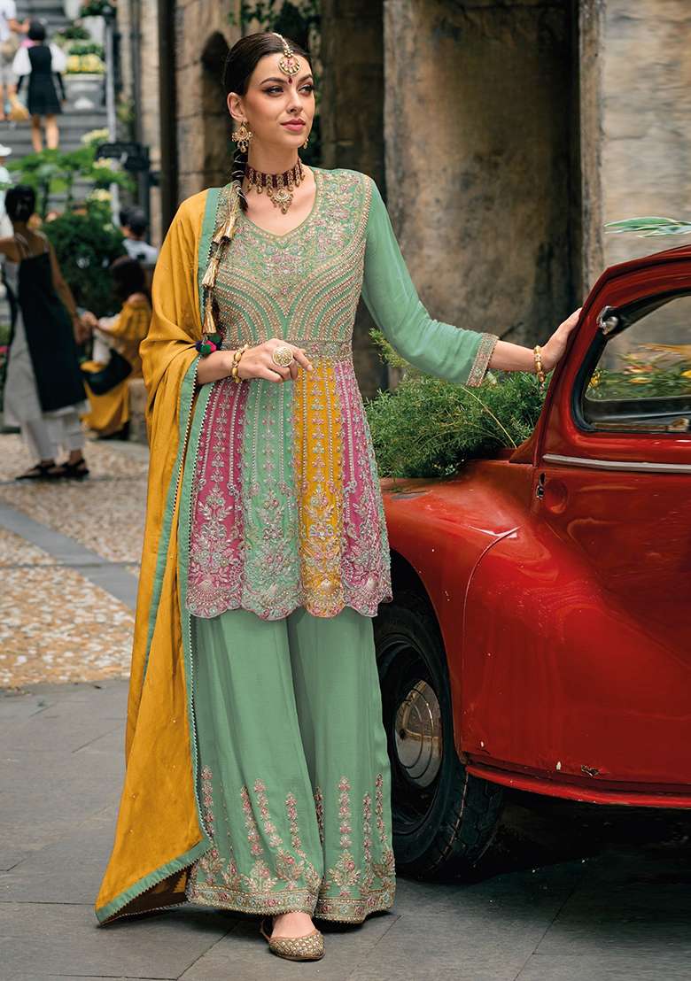 Green Embroidered Silk Blend Sharara Set - Indya