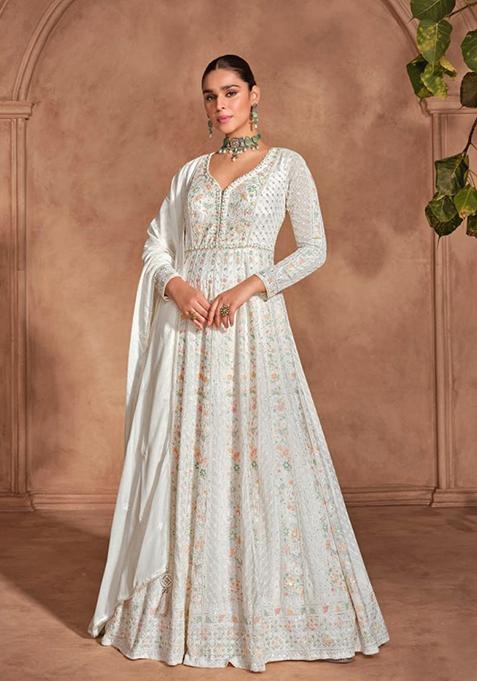 White Gerogette Embroidered Anarkali Set
