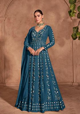 Dark Blue Gerogette Embroidered Anarkali Set