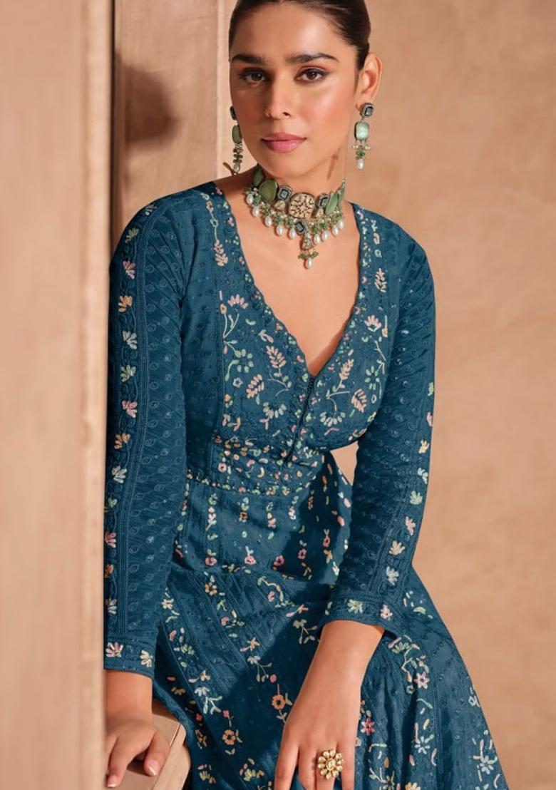 Dark Blue Gerogette Embroidered Anarkali Set