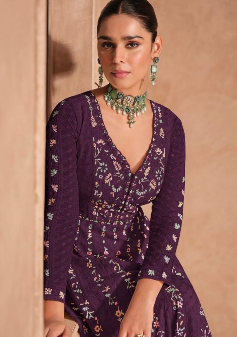 Wine Georgette Embroidered Anarkali Set