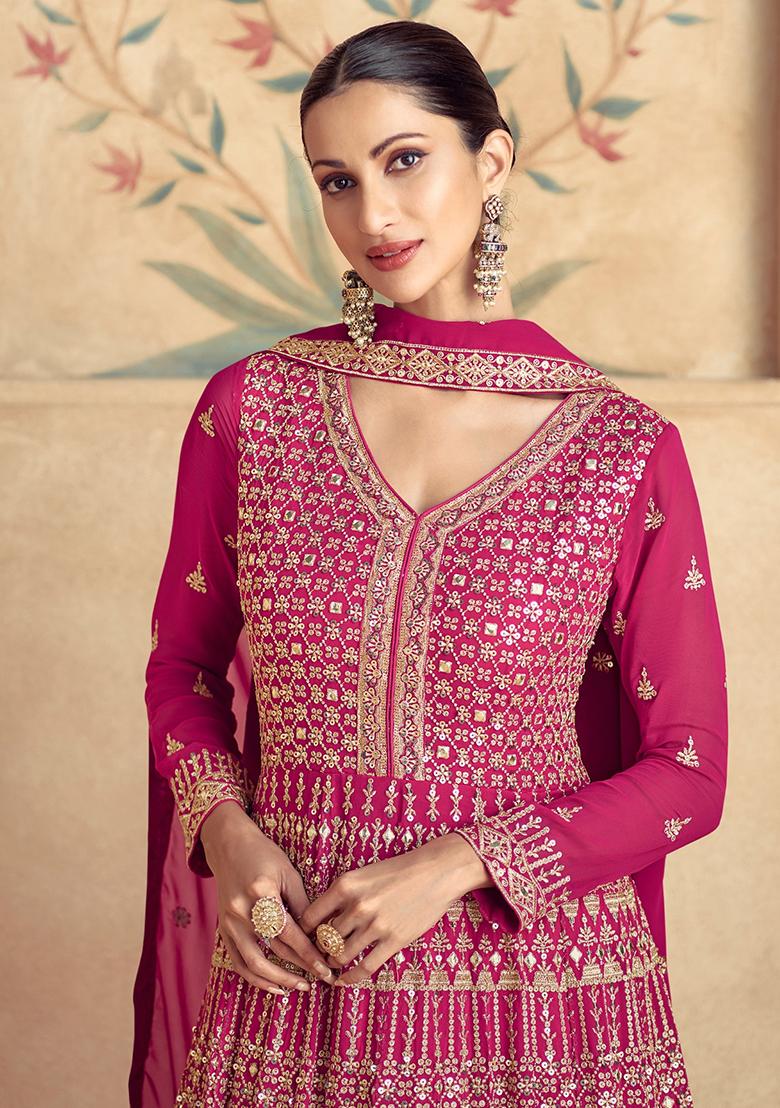 Rani Pink Embroidered Georgette Anarkali Set