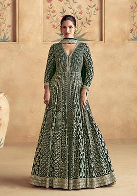 Dark Green Embroidered Georgette Anarkali Set