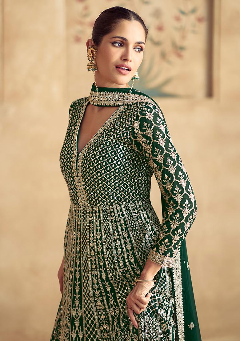 Dark Green Embroidered Georgette Anarkali Set