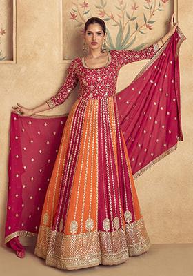 Red Embroidered Georgette Anarkali Set