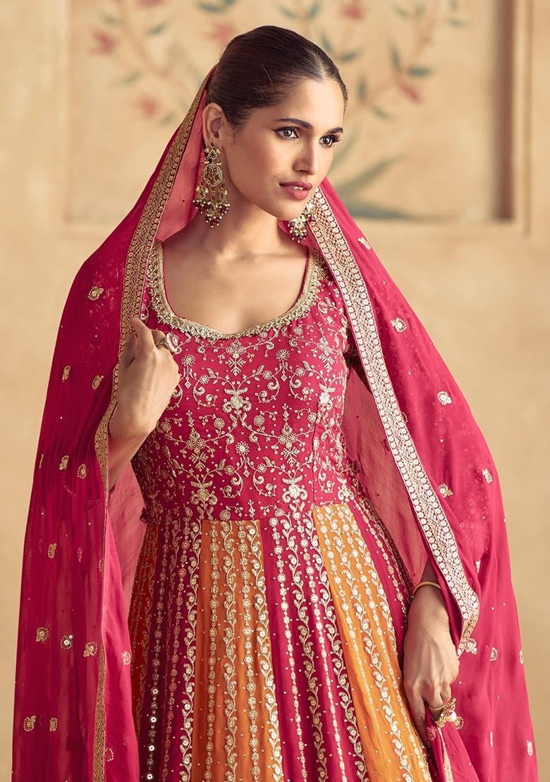 Red Embroidered Georgette Anarkali Set