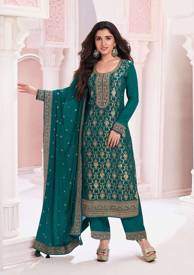 Dark Green Embroidered Silk Blend Pakistani Suit Set - Indya