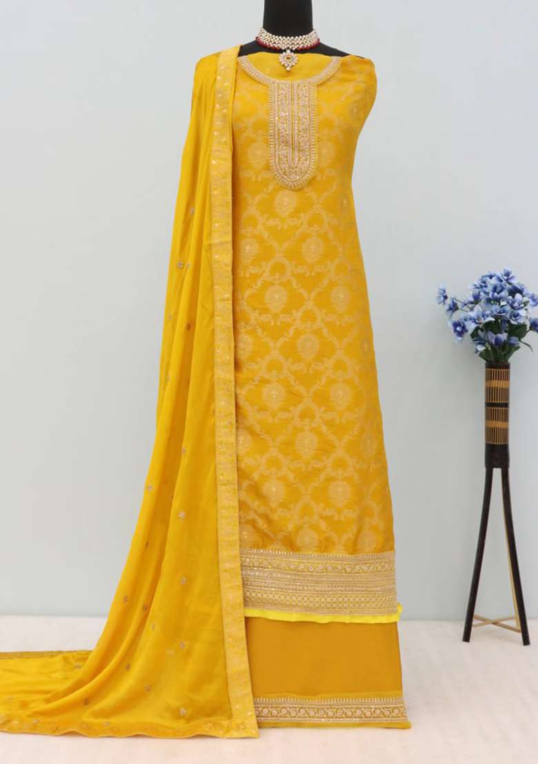 Yellow Printed Silk Blend Pakistani Suit Set - Indya