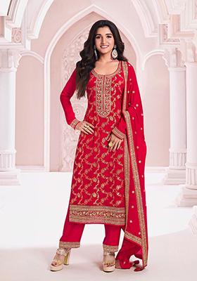 Red Embroidered Silk Salwar Kameez