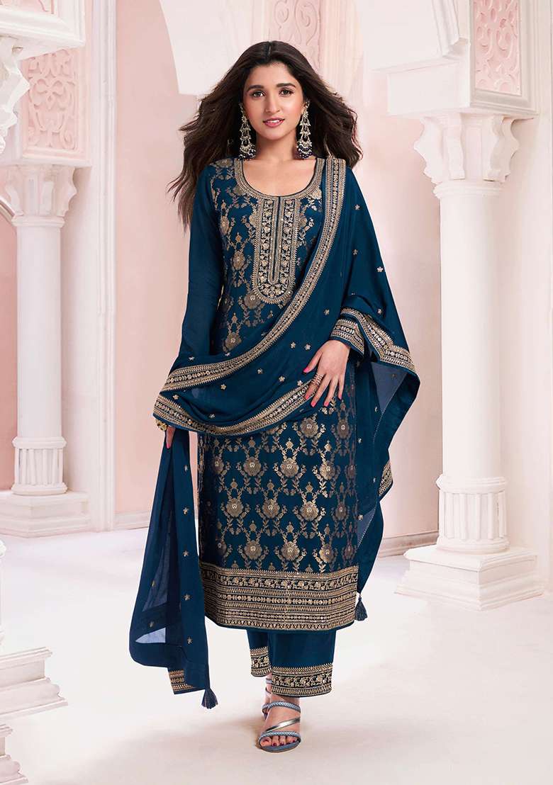 Navy Blue Embroidered Silk Blend Pakistani Suit Set - Indya