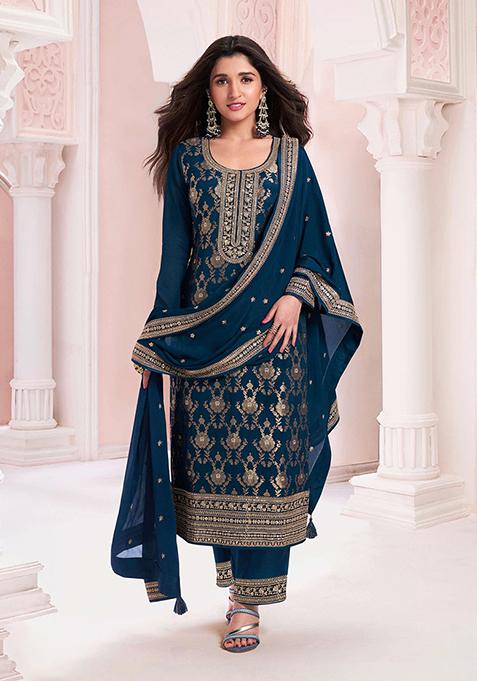Navy Blue Embroidered Silk Salwar Kameez