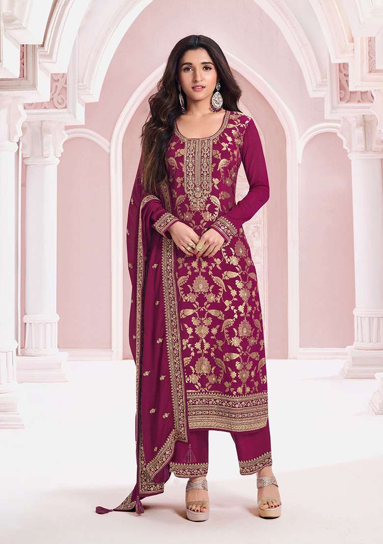Purple Embroidered Silk Salwar Kameez - Indya