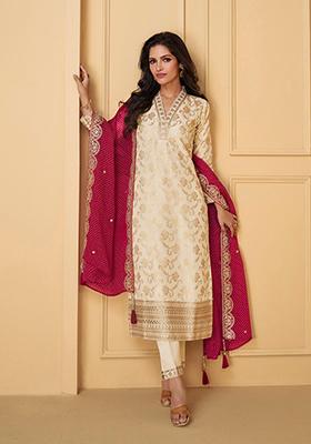 Cream Embroidered jacquard Salwar Kameez