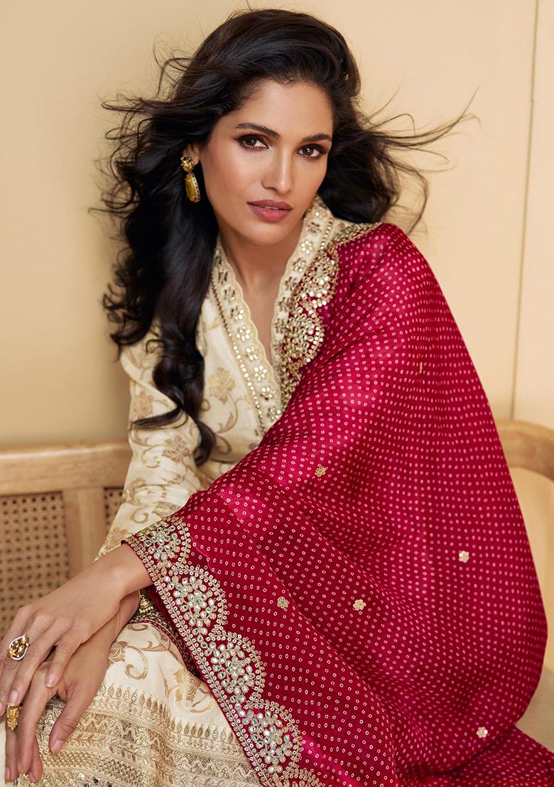 Cream Embroidered jacquard Salwar Kameez