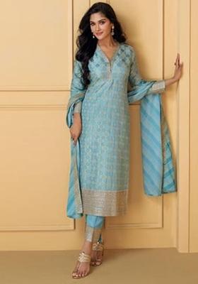 Light Sky Blue Embroidered jacquard Salwar Kameez
