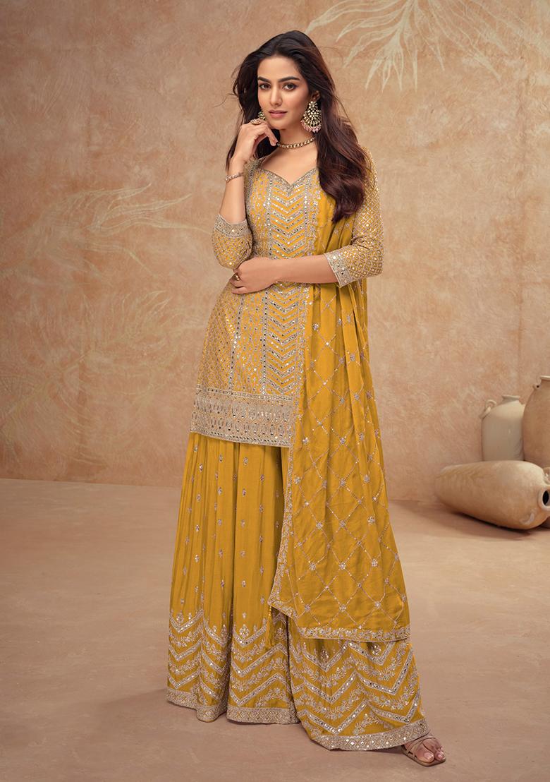 Yellow Embroidered Silk Salwar Kameez - Indya