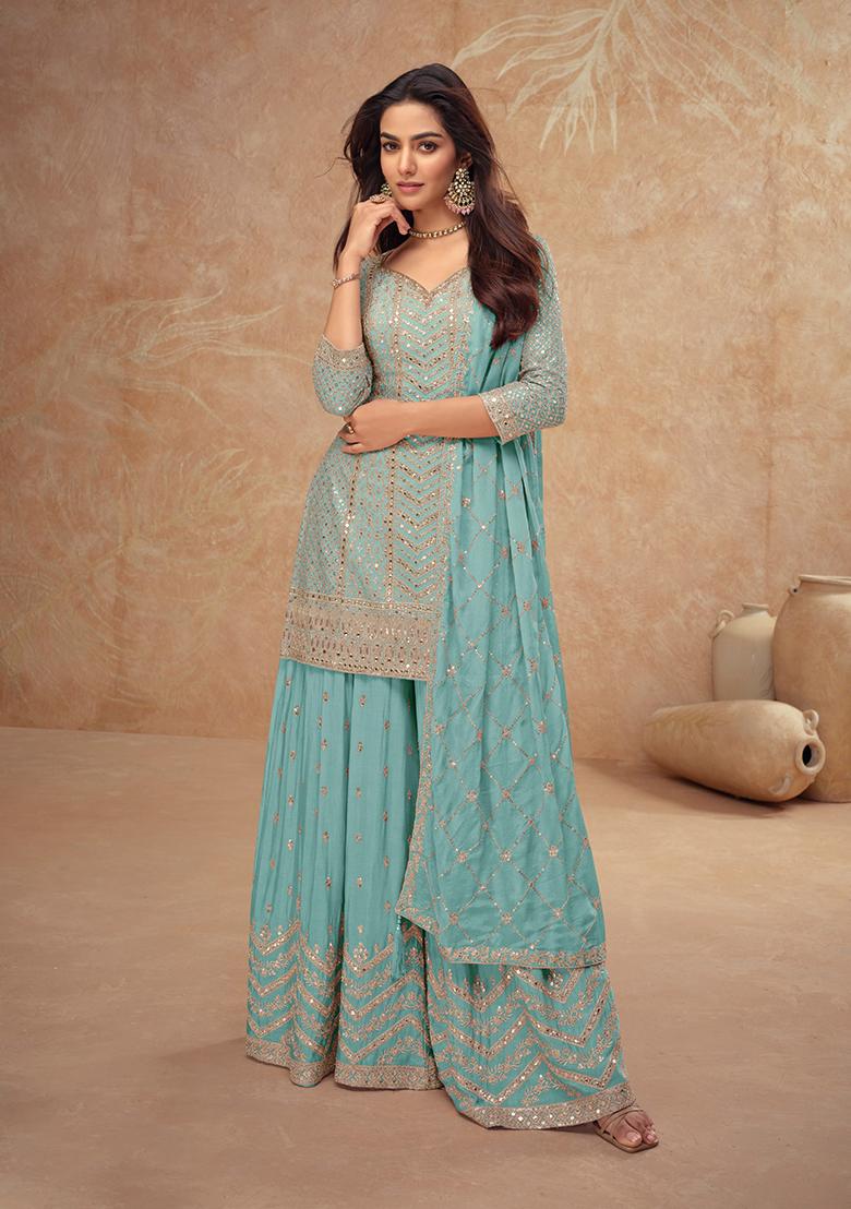 Sky Blue Embroidered Silk Salwar Kameez - Indya