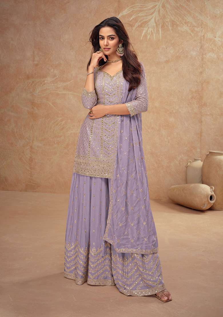Light Lavender Embroidered Silk Blend Sharara Set - Indya