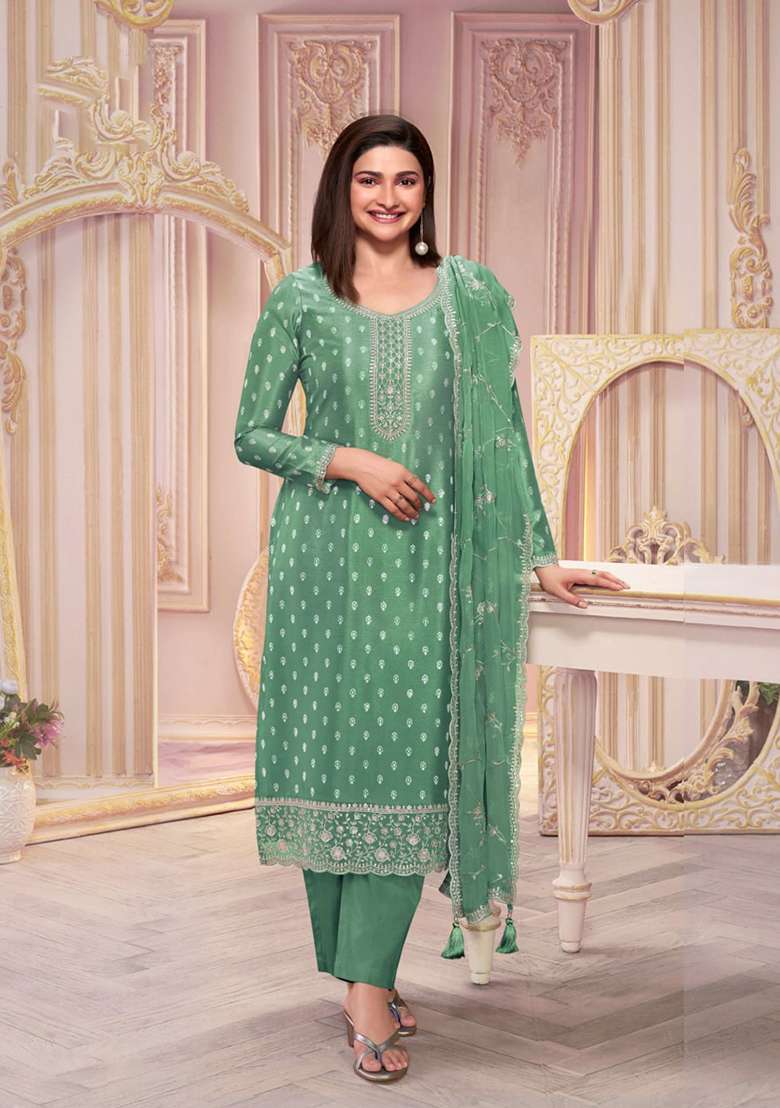 Green Embroidered Silk Salwar Kameez - Indya