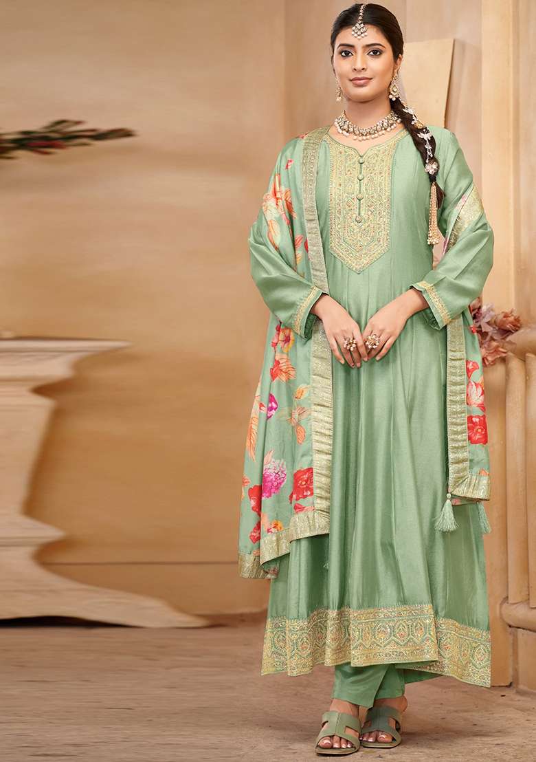 Light Green Embroidered Silk Pakistani Suit Set - Indya