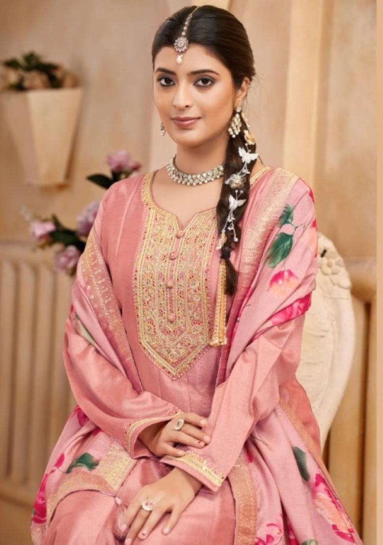 Light Peach Embroidered Silk Salwar Kameez