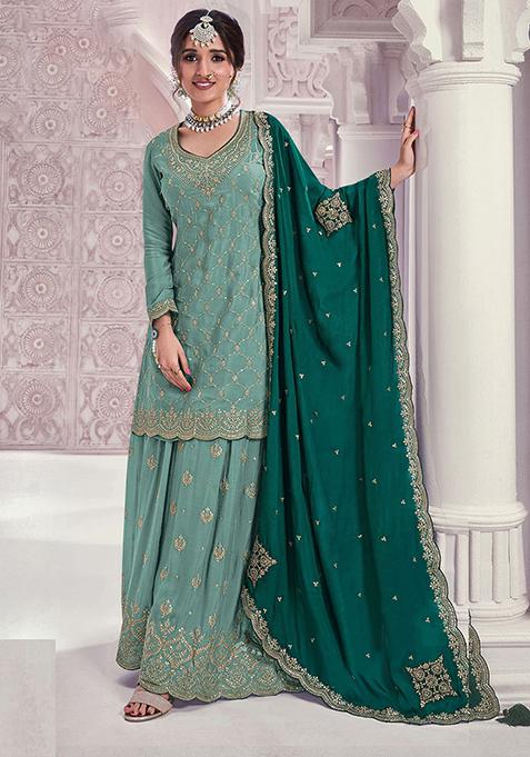 Sky Blue Embroidered Silk Salwar Kameez