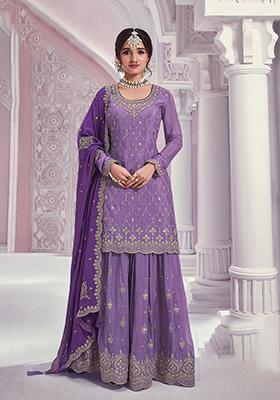 Lavender Embroidered Silk Sharara Set