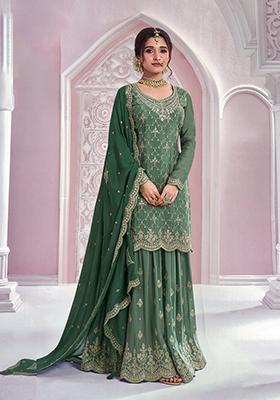 Dark Green Embroidered Silk Sharara Set